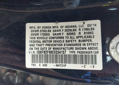 2014 Honda Civic Ex-L from USA, damaged, VIN 19XFB2F98EE034157